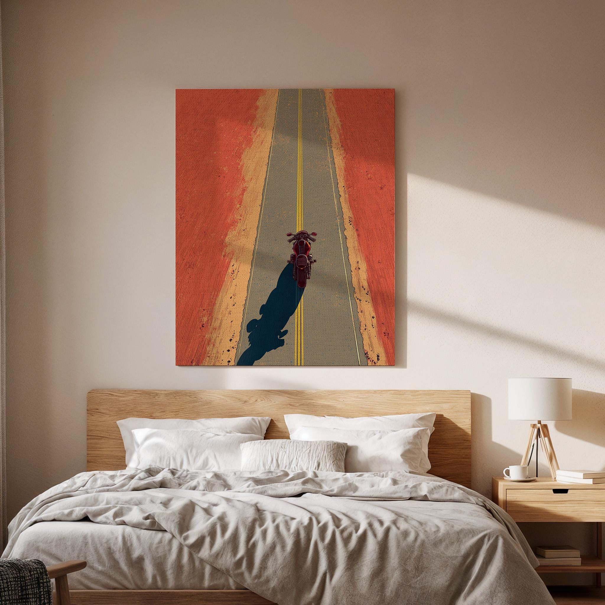 Motorcycle Road Canvas Wall Art, Retro Biker Road Trip Artwork, Desert Highway Motorcycle Art, Motorcycle Adventure Decor, Road Trip Canvas