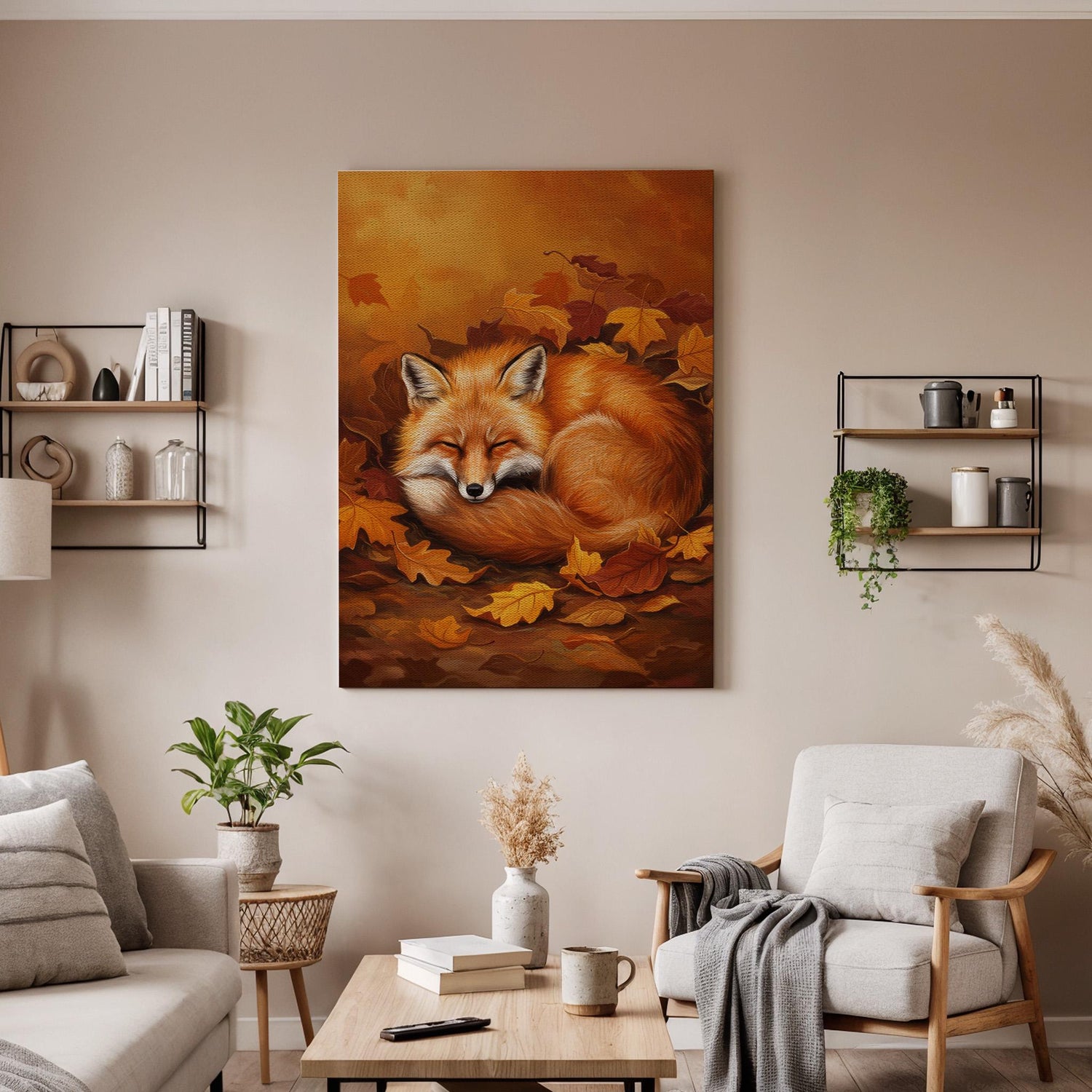 Sleeping Fox Canvas Print, Autumn Woodland Wall Art