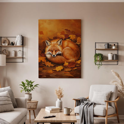 Sleeping Fox Canvas Print, Autumn Woodland Wall Art