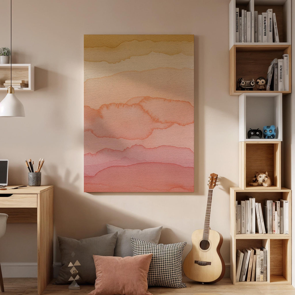 Framed Pink Orange Watercolor Canvas Print, Boho Abstract Wall Art