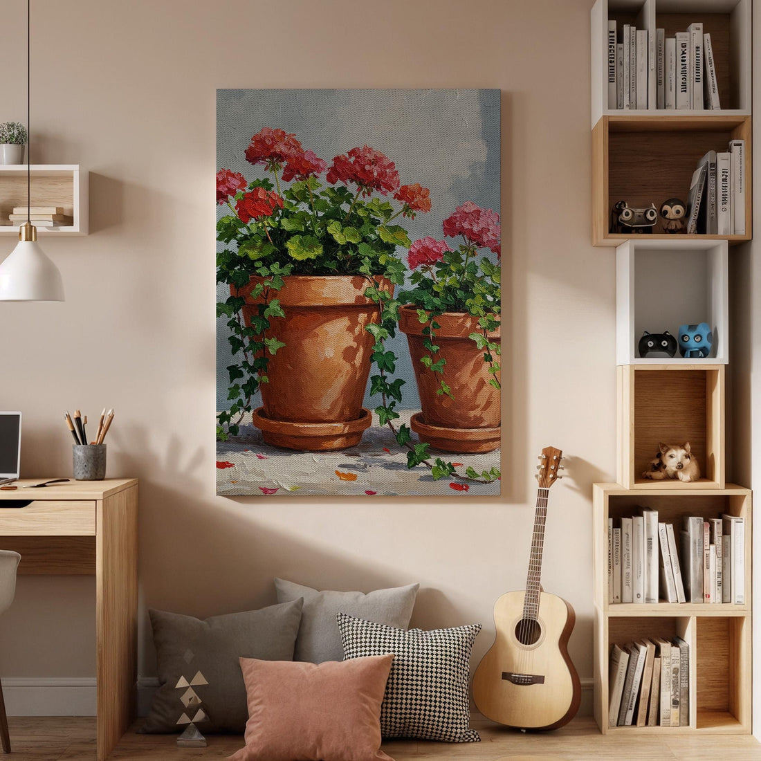 Framed Flower Pot Canvas Art Print, Rustic Cottage Decor