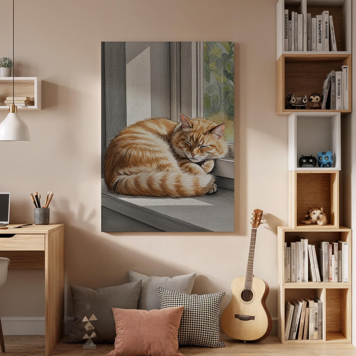 Sleeping Cat Canvas Wall Art Framed, Cozy Orange Tabby Print, Animal Lover Bedroom Living Room Decor, Peaceful Modern Pet Wall Artwork