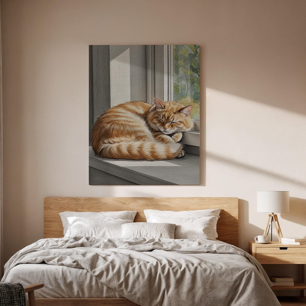 Sleeping Cat Canvas Wall Art Framed, Cozy Orange Tabby Print, Animal Lover Bedroom Living Room Decor, Peaceful Modern Pet Wall Artwork