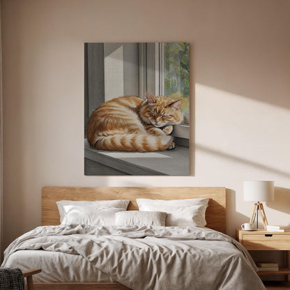 Sleeping Cat Canvas Wall Art Framed, Cozy Orange Tabby Print, Animal Lover Bedroom Living Room Decor, Peaceful Modern Pet Wall Artwork