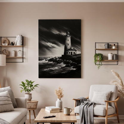 Stormy Lighthouse Canvas Wall Art Framed, Black White Nautical Print, Dramatic Coastal Bedroom Living Room Decor, Modern Sea Wall Artwork