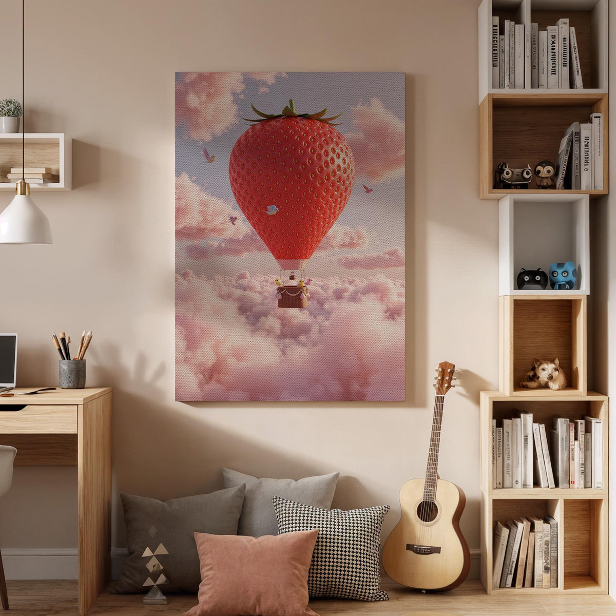 Strawberry Balloon Canvas Wall Art Framed, Whimsical Pink Cloud Print, Nursery Kids Room Decor, Baby Bedroom Playroom Fantasy Artwork