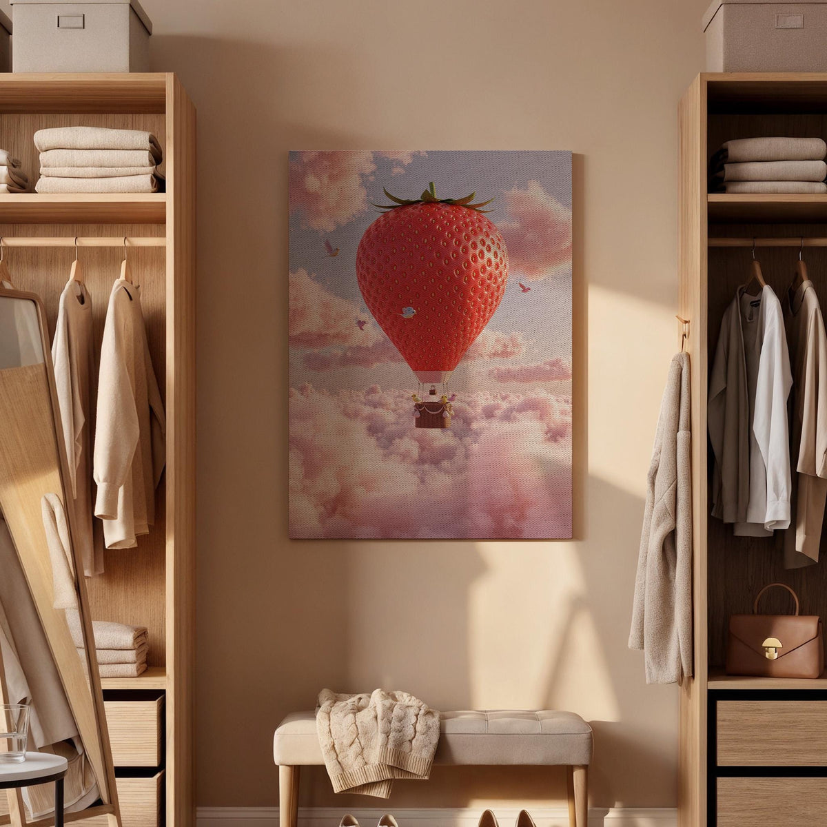 Strawberry Balloon Canvas Wall Art Framed, Whimsical Pink Cloud Print, Nursery Kids Room Decor, Baby Bedroom Playroom Fantasy Artwork