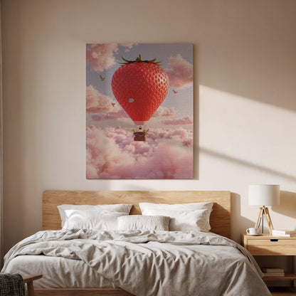 Strawberry Balloon Canvas Wall Art Framed, Whimsical Pink Cloud Print, Nursery Kids Room Decor, Baby Bedroom Playroom Fantasy Artwork