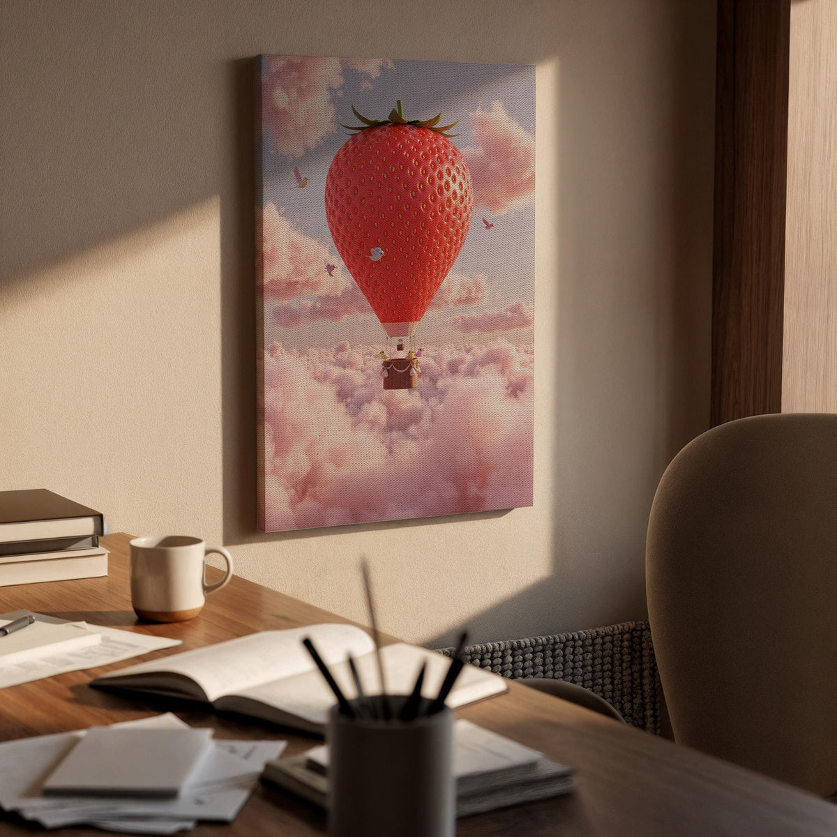 Strawberry Balloon Canvas Wall Art Framed, Whimsical Pink Cloud Print, Nursery Kids Room Decor, Baby Bedroom Playroom Fantasy Artwork
