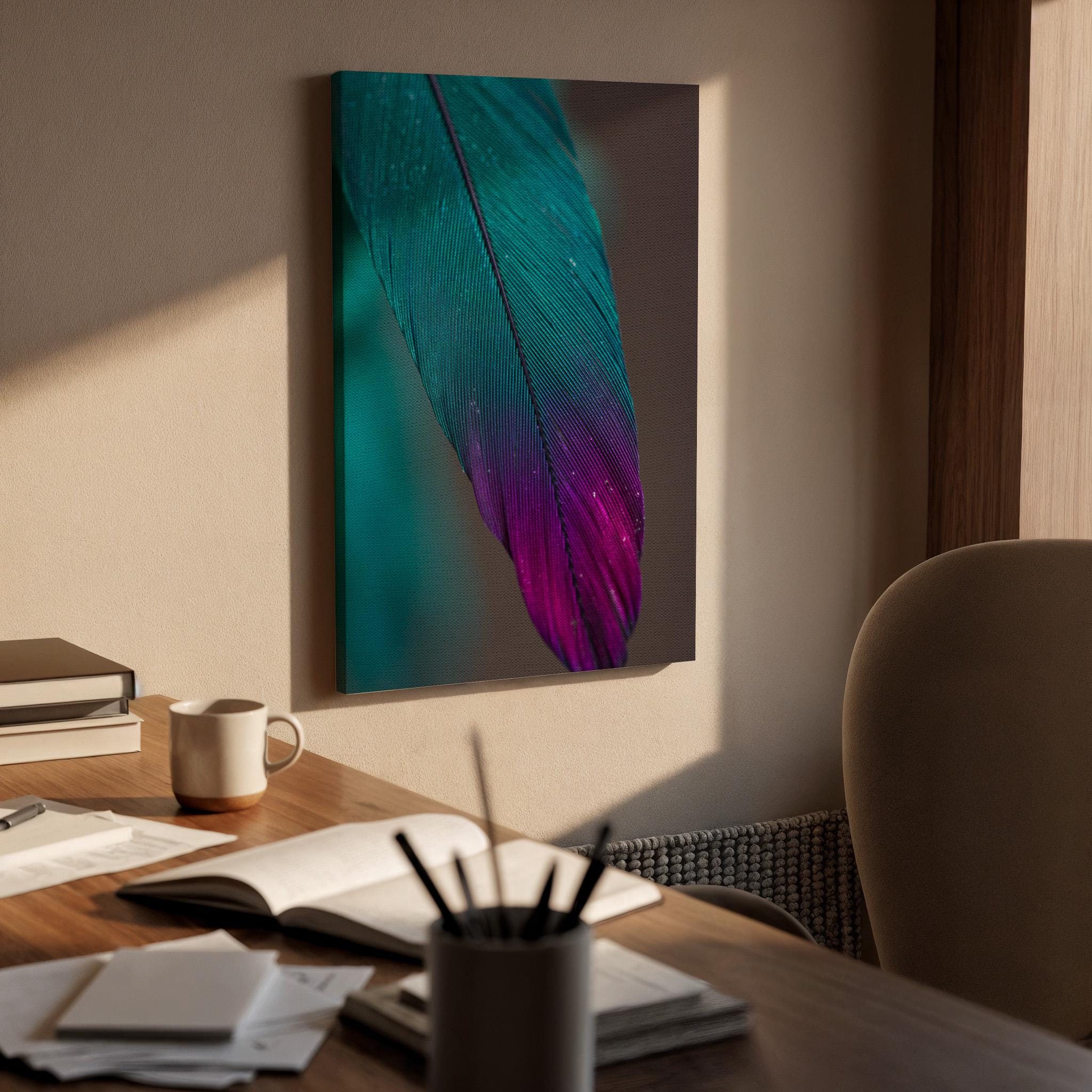Teal Purple Feather Canvas Wall Art Framed, Modern Abstract Nature Print, Minimalist Bedroom Living Room Decor, Elegant Wall Artwork