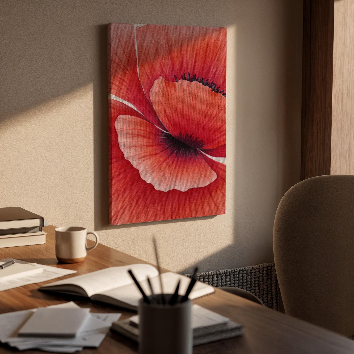 Framed Red Poppy Canvas Art, Modern Floral Print
