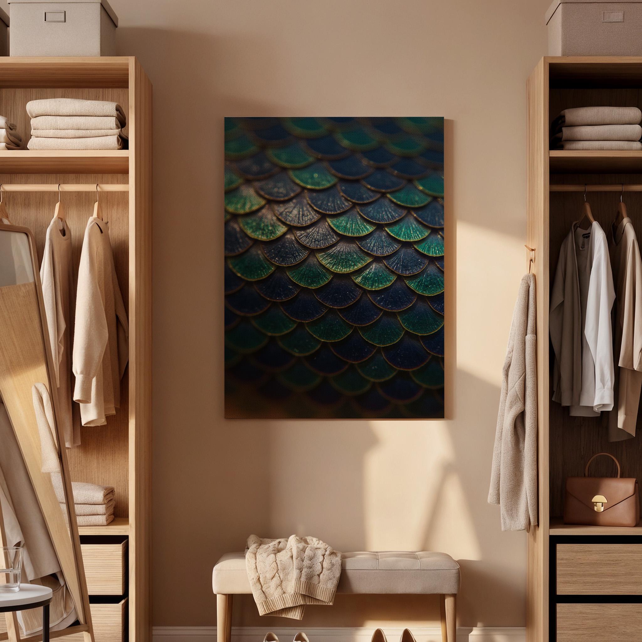 Mermaid Scales Canvas Wall Art Framed, Teal Blue Abstract Modern Print, Metallic Textured Nature Bedroom Living Room Decor, Ocean Wall Art