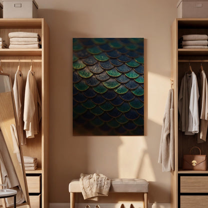 Mermaid Scales Canvas Wall Art Framed, Teal Blue Abstract Modern Print, Metallic Textured Nature Bedroom Living Room Decor, Ocean Wall Art