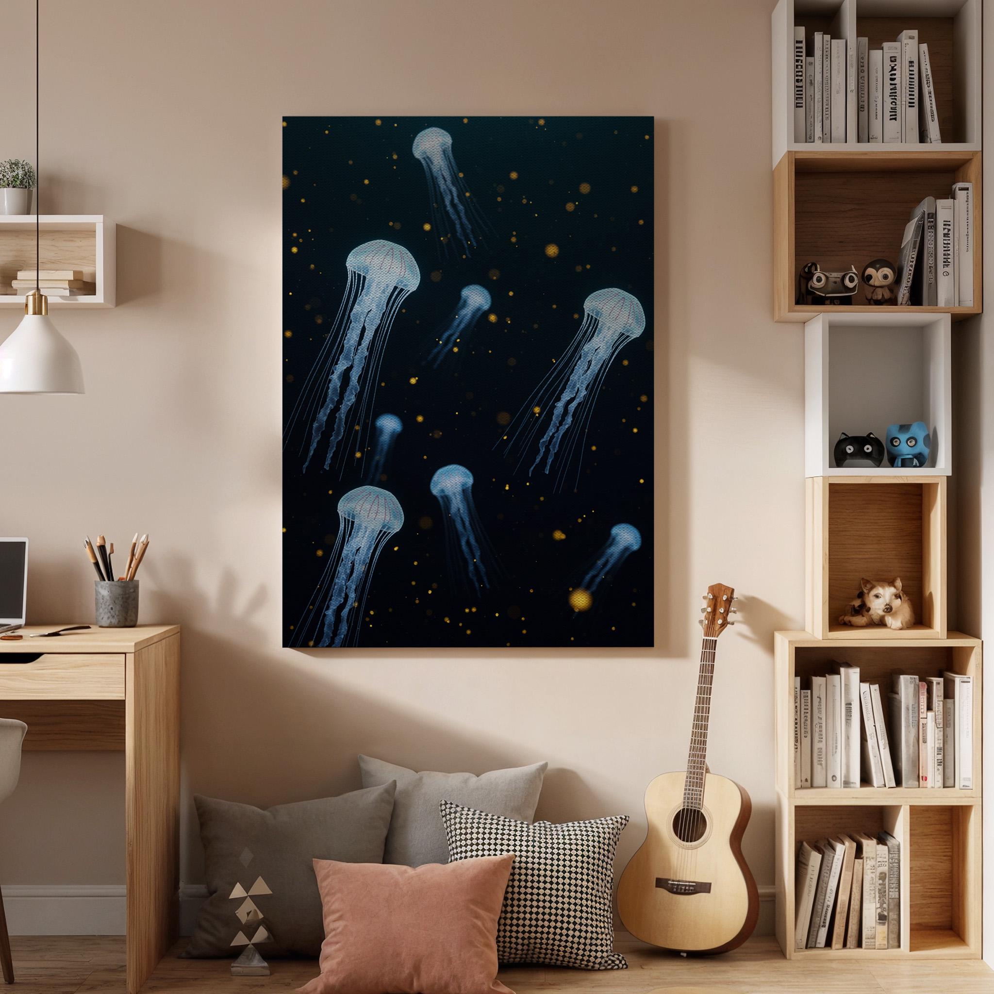 Blue Jellyfish Canvas Print, Modern Ocean Wall Art, Gold Lights