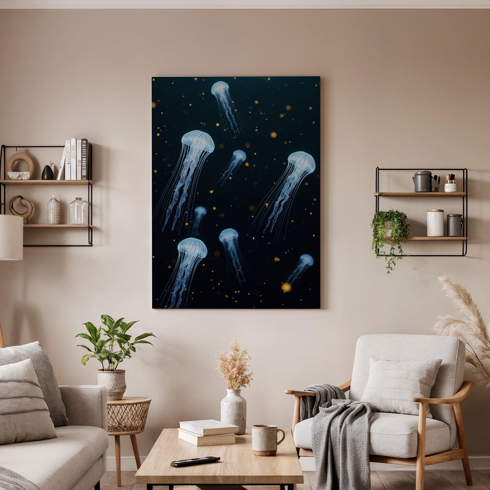 Blue Jellyfish Canvas Print, Modern Ocean Wall Art, Gold Lights