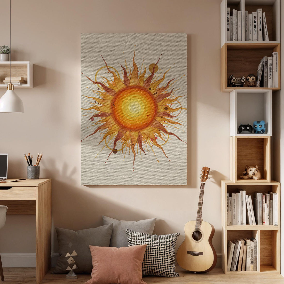 Boho Sun Canvas Wall Art Framed, Warm Abstract Yellow Orange Print, Modern Bedroom Living Room Positive Decor, Spiritual Celestial Artwork