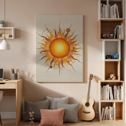 Boho Sun Canvas Wall Art Framed, Warm Abstract Yellow Orange Print, Modern Bedroom Living Room Positive Decor, Spiritual Celestial Artwork