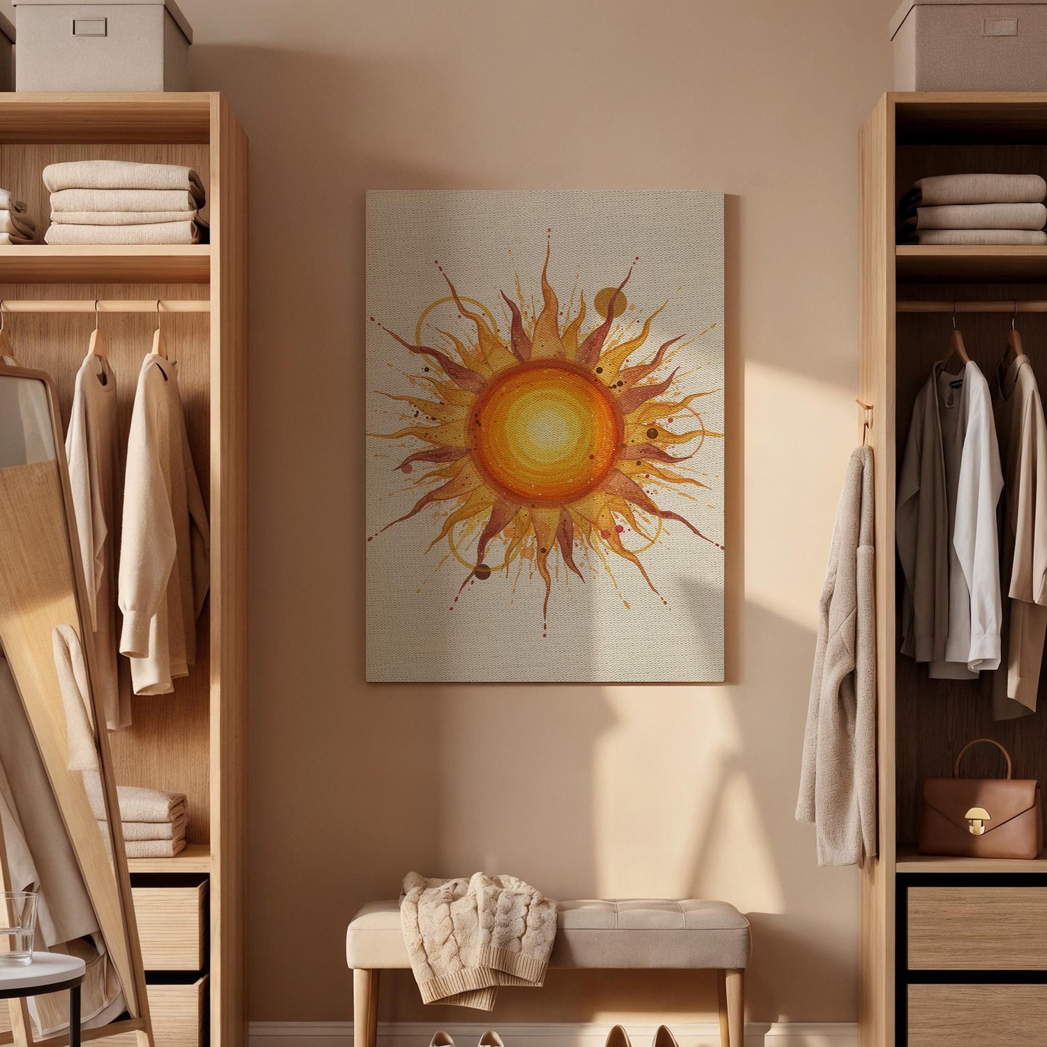 Boho Sun Canvas Wall Art Framed, Warm Abstract Yellow Orange Print, Modern Bedroom Living Room Positive Decor, Spiritual Celestial Artwork