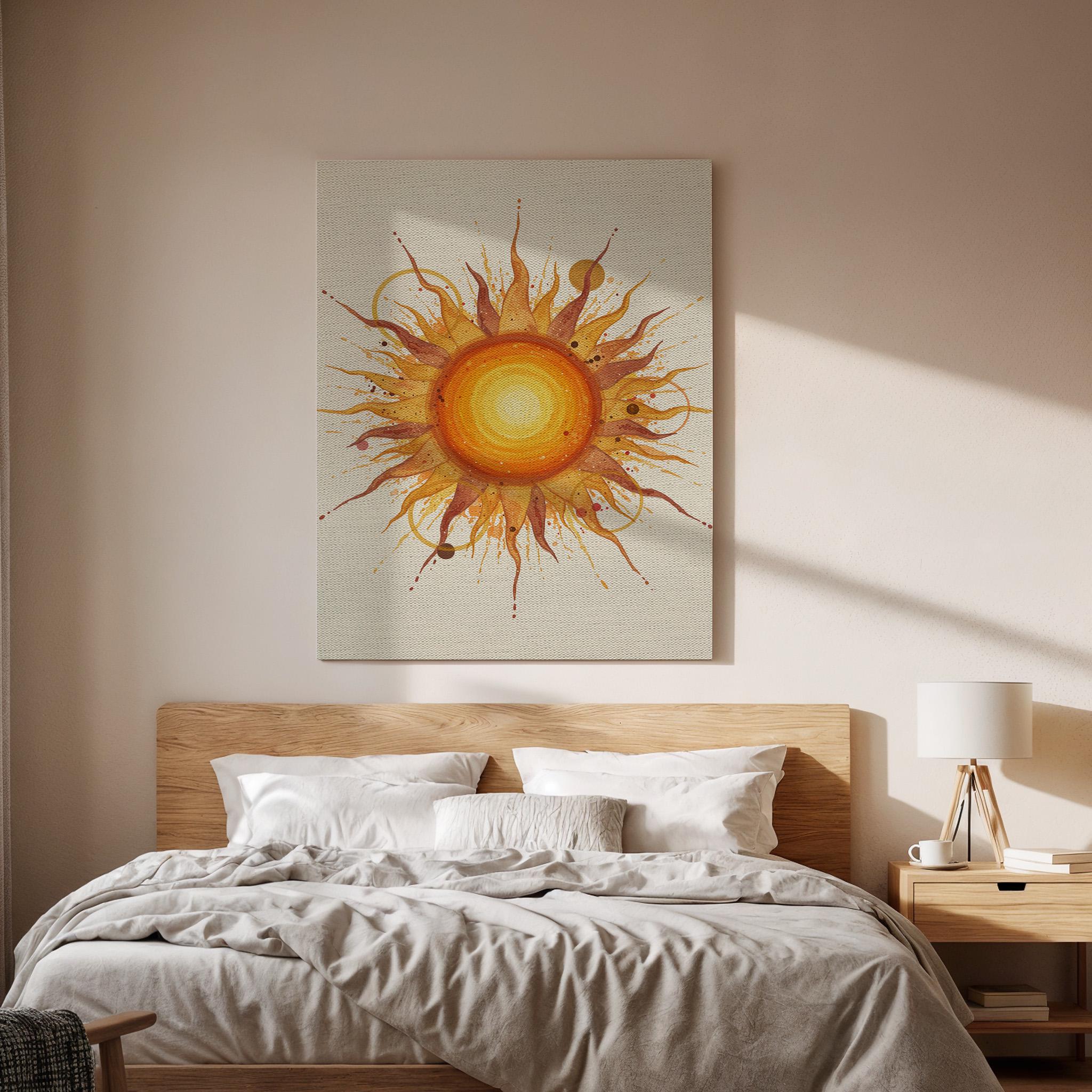 Boho Sun Canvas Wall Art Framed, Warm Abstract Yellow Orange Print, Modern Bedroom Living Room Positive Decor, Spiritual Celestial Artwork