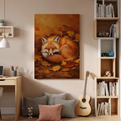 Sleeping Fox Canvas Print, Autumn Woodland Wall Art