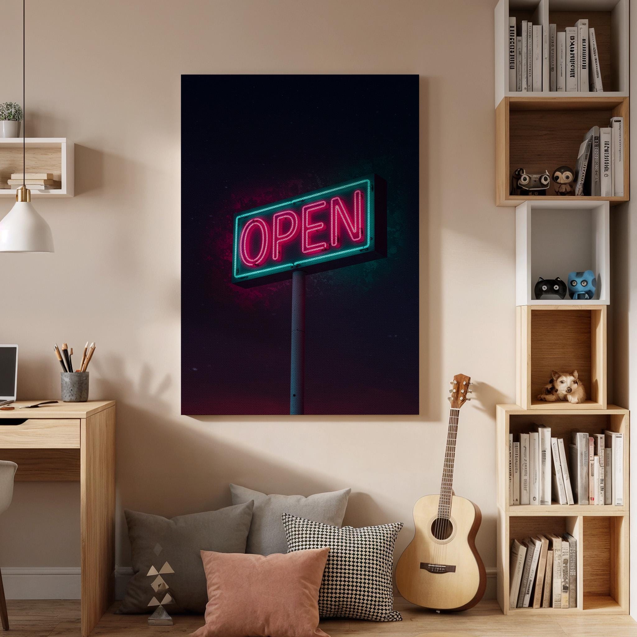 Neon Open Sign Canvas Wall Art Framed, Pink Green Retro Modern Print, Urban Industrial Bar Cafe Decor, Luxury Living Room Office Artwork