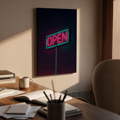 Neon Open Sign Canvas Wall Art Framed, Pink Green Retro Modern Print, Urban Industrial Bar Cafe Decor, Luxury Living Room Office Artwork
