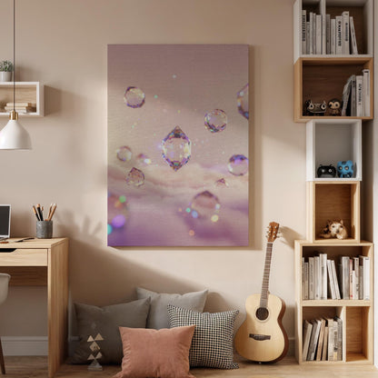 Crystal Drop Canvas Wall Art, Dreamy Pink Cloud Print, Sparkle Pastel Decor, Framed Fantasy Artwork for Girl Bedroom or Meditation Corner
