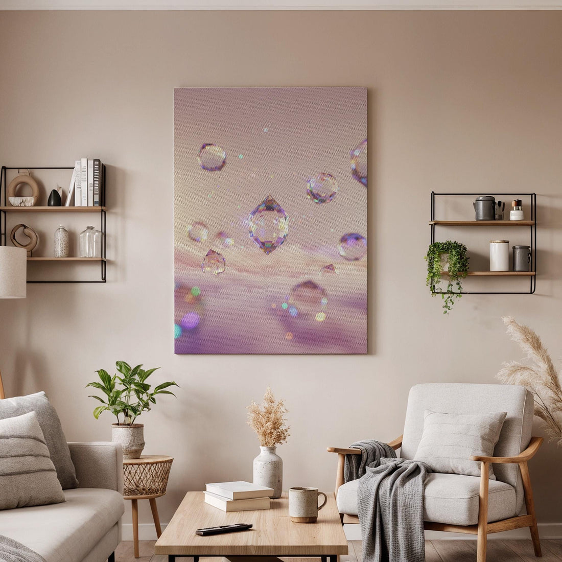 Crystal Drop Canvas Wall Art, Dreamy Pink Cloud Print, Sparkle Pastel Decor, Framed Fantasy Artwork for Girl Bedroom or Meditation Corner