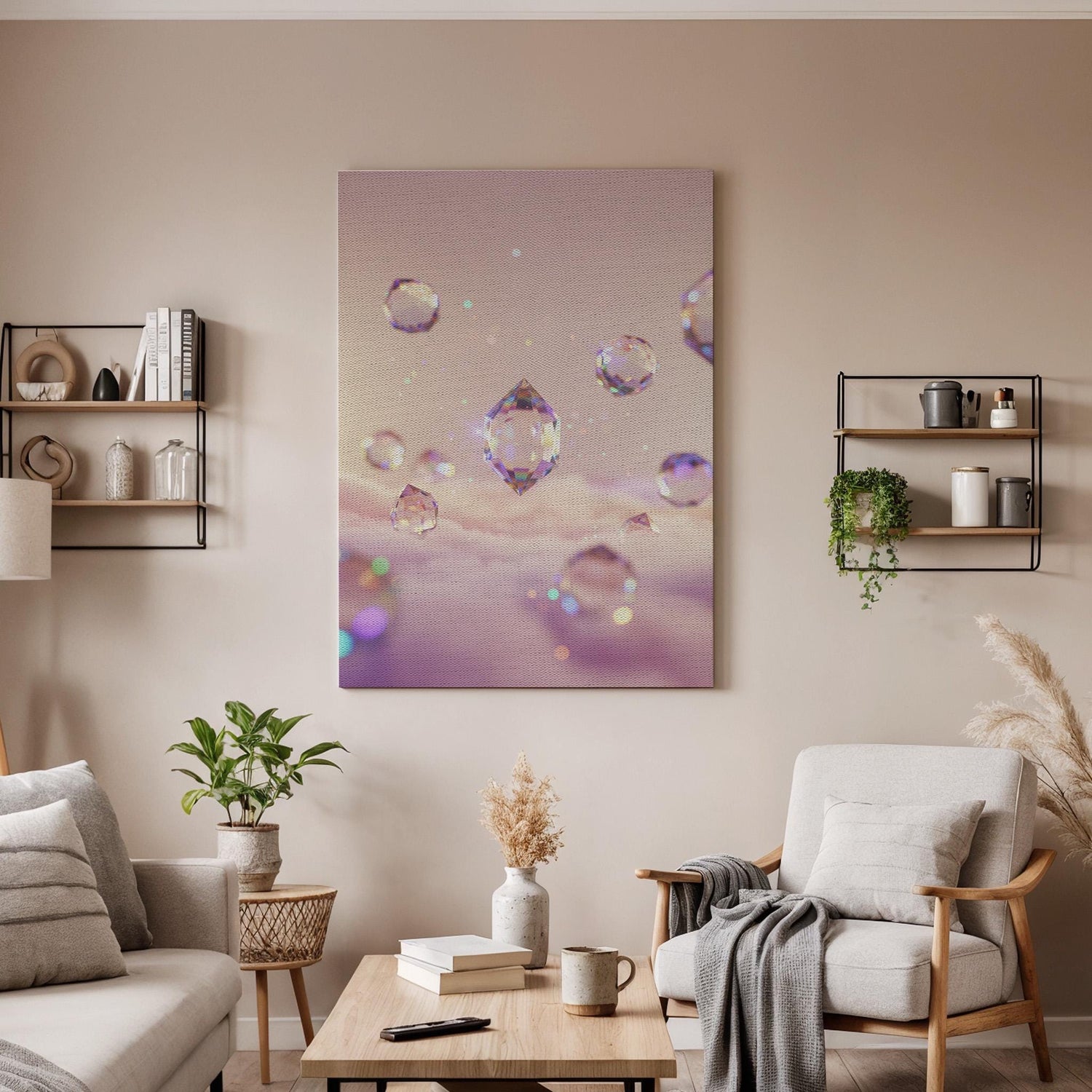 Crystal Drop Canvas Wall Art, Dreamy Pink Cloud Print, Sparkle Pastel Decor, Framed Fantasy Artwork for Girl Bedroom or Meditation Corner