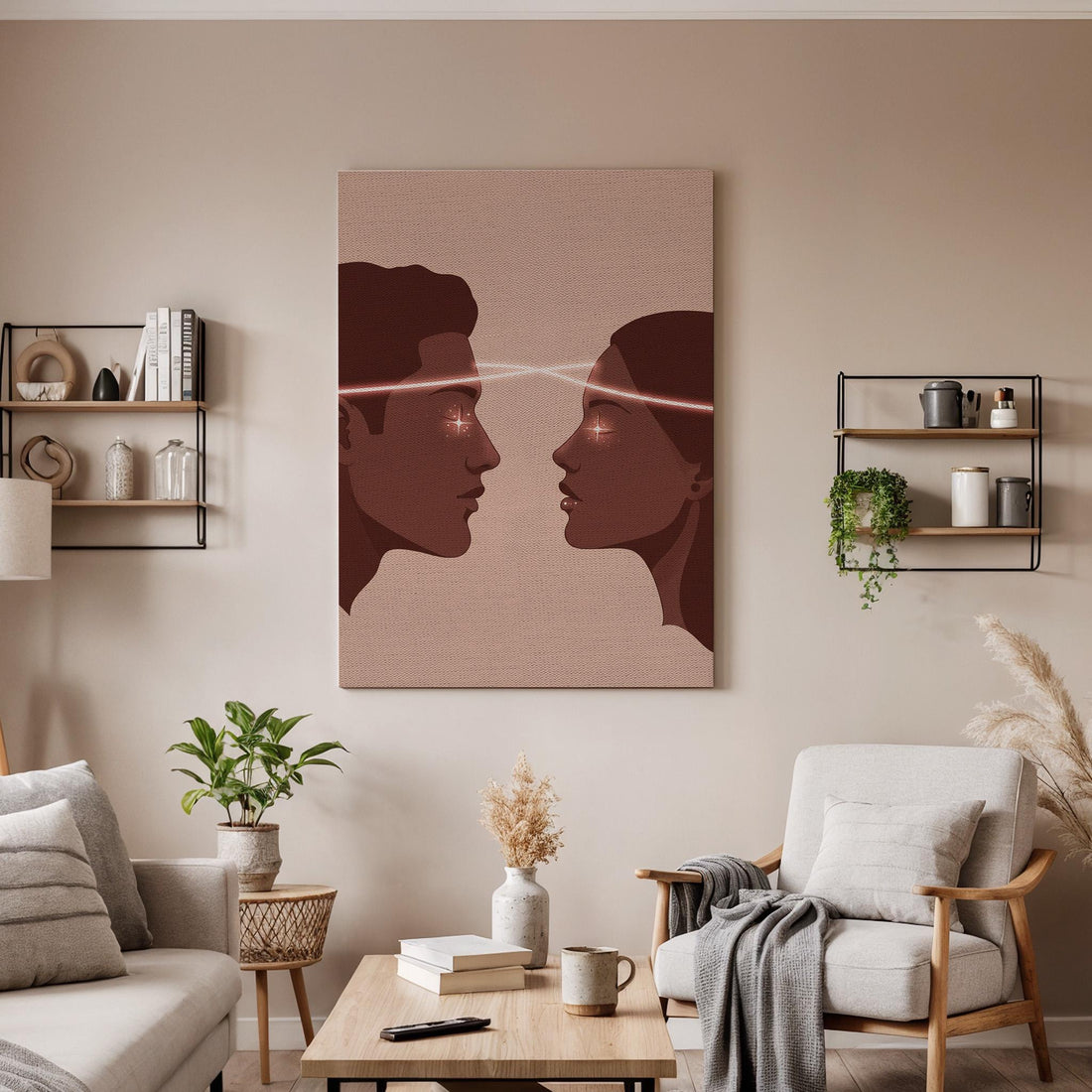 Telepathy Love Canvas Wall Art, Soulmate Connection Print, Spiritual Couple Decor, Framed Modern Romantic Artwork for Bedroom or Retreat