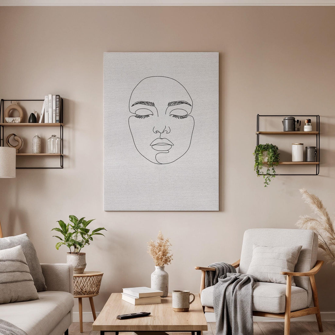 Minimalist Face Line Art Canvas, Scandinavian Woman Portrait