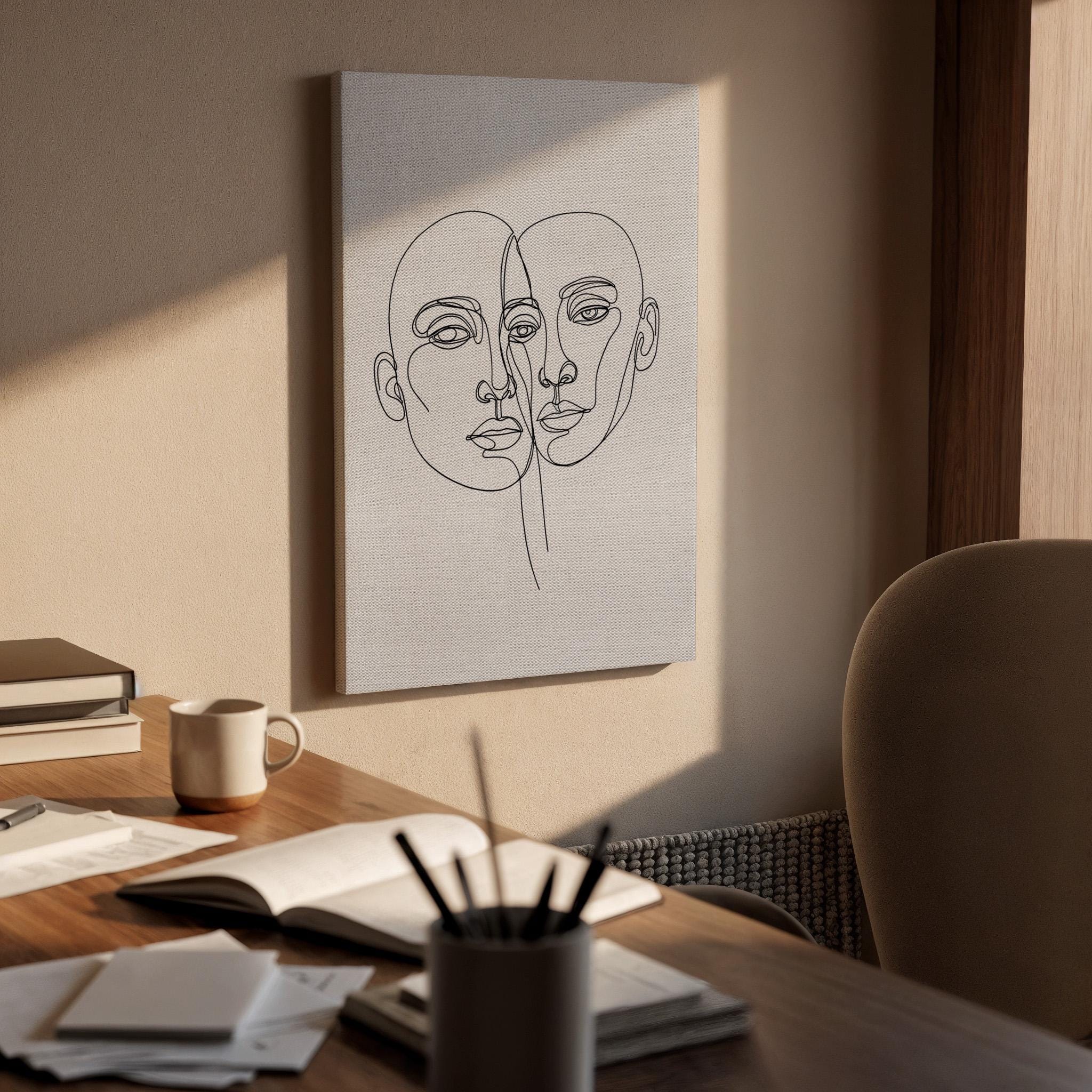 Two Faces Line Art Canvas Print, Minimalist Abstract Couple Portrait, Framed Black and White Modern Wall Decor for Bedroom or Living Room