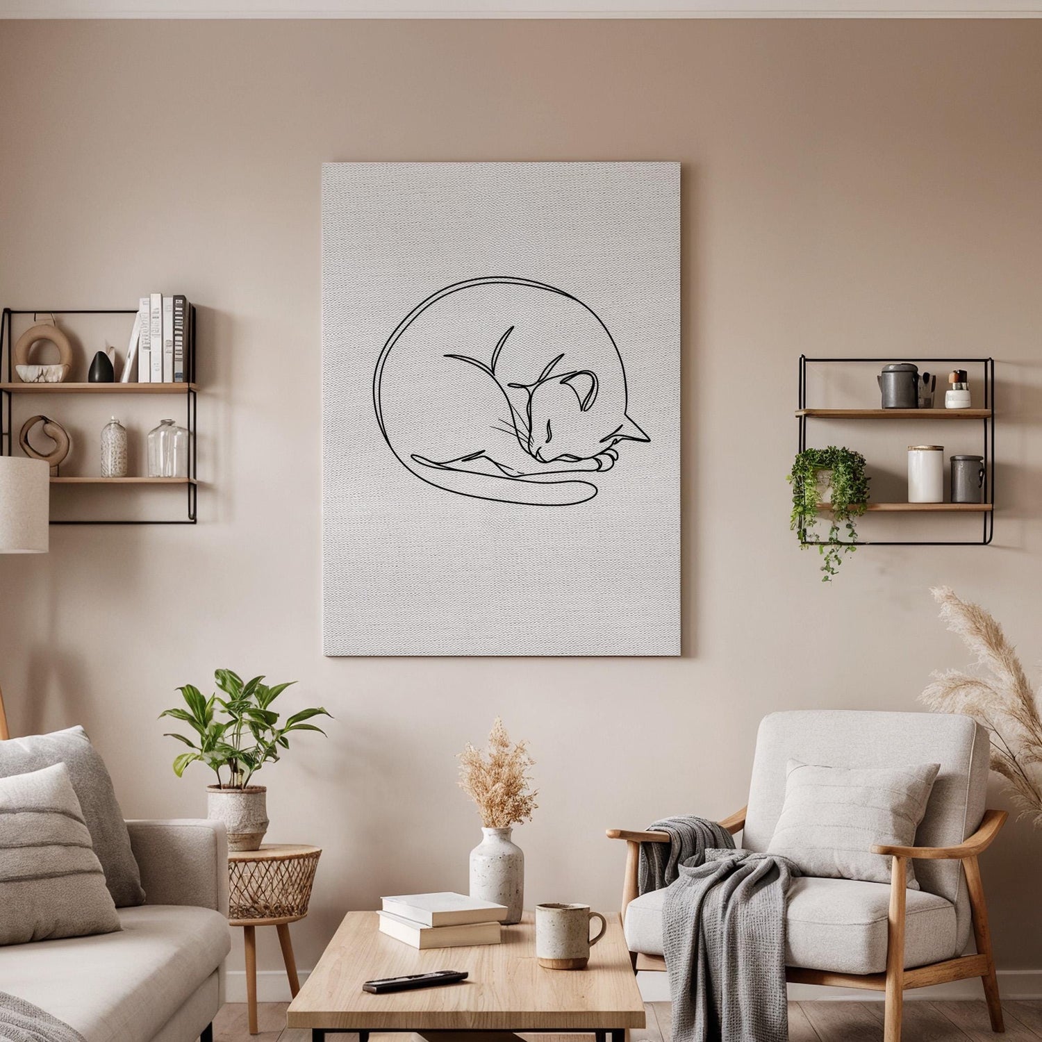 Sleeping Cat Line Art Canvas, Minimalist Pet Illustration Print, Framed Modern Black and White Animal Wall Decor for Bedroom or Office