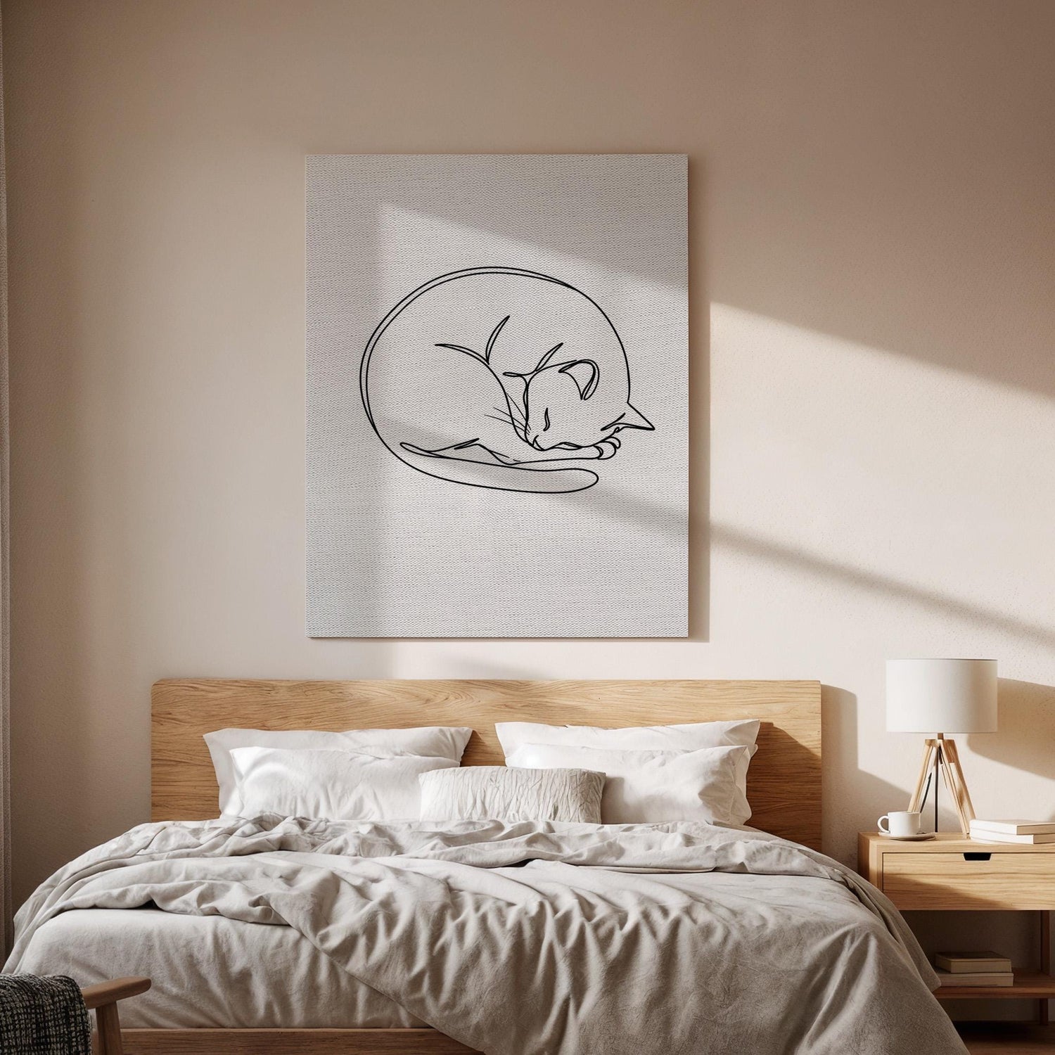 Sleeping Cat Line Art Canvas, Minimalist Pet Illustration Print, Framed Modern Black and White Animal Wall Decor for Bedroom or Office