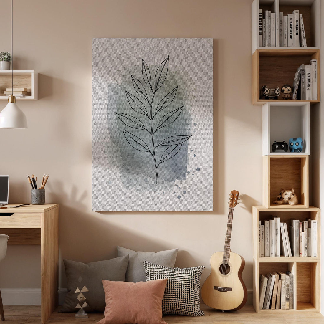 Leaf Line Art Canvas Wall Print, Minimalist Botanical Watercolor Style Framed Nature Illustration, Calming Plant Artwork for Modern Decor