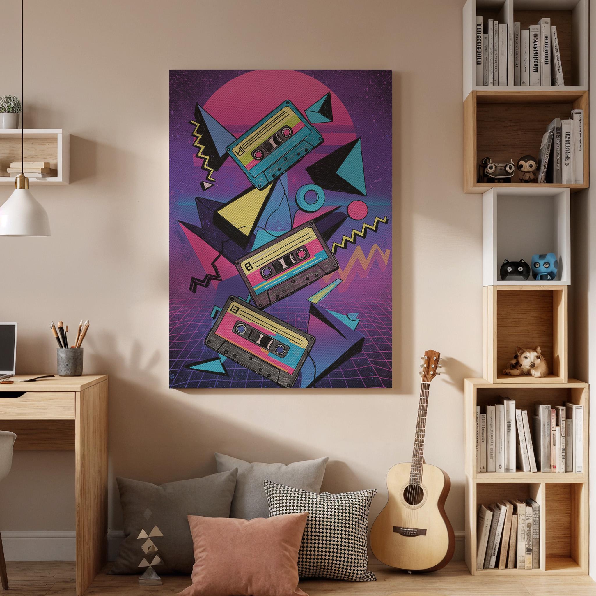 Retro Cassette Tape Canvas Wall Art, 80s Synthwave Music Print, Neon Vaporwave Style Framed Poster for Studio, Game Room or Teen Bedroom