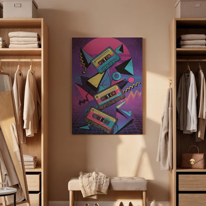 Retro Cassette Tape Canvas Wall Art, 80s Synthwave Music Print, Neon Vaporwave Style Framed Poster for Studio, Game Room or Teen Bedroom