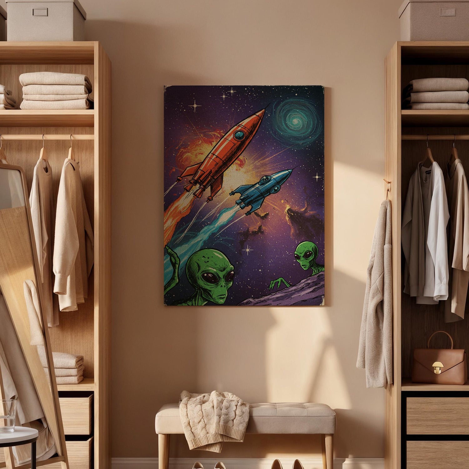 Retro Sci-Fi Alien Canvas Art, Framed Space Rocket Print