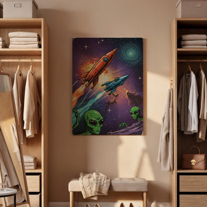 Retro Sci-Fi Alien Canvas Art, Framed Space Rocket Print