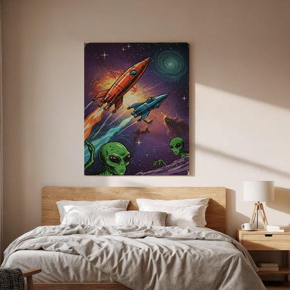 Retro Sci-Fi Alien Canvas Art, Framed Space Rocket Print