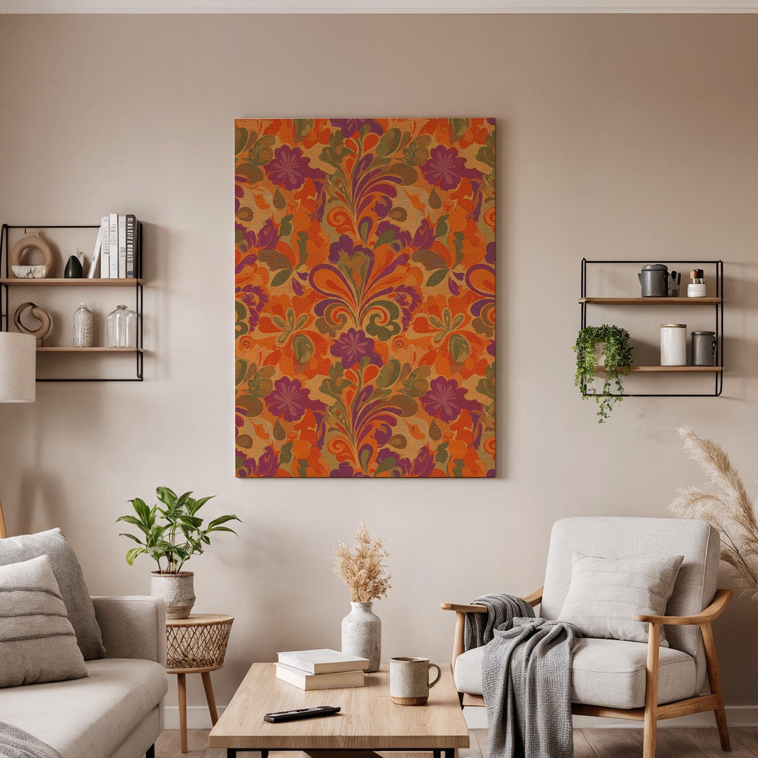 Retro Floral Damask Canvas Wall Art, 70s Vintage Inspired Framed Pattern Print, Colorful Boho Decor for Living Room, Entryway or Studio