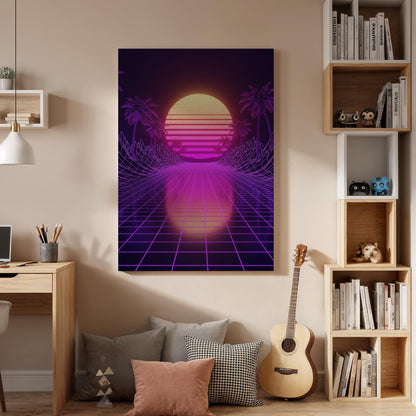 Vaporwave Synthwave Sunset Canvas Wall Art, Framed Neon 80s Aesthetic Print, Retro Grid Palm Tree Poster for Studio, Game Room or Bedroom