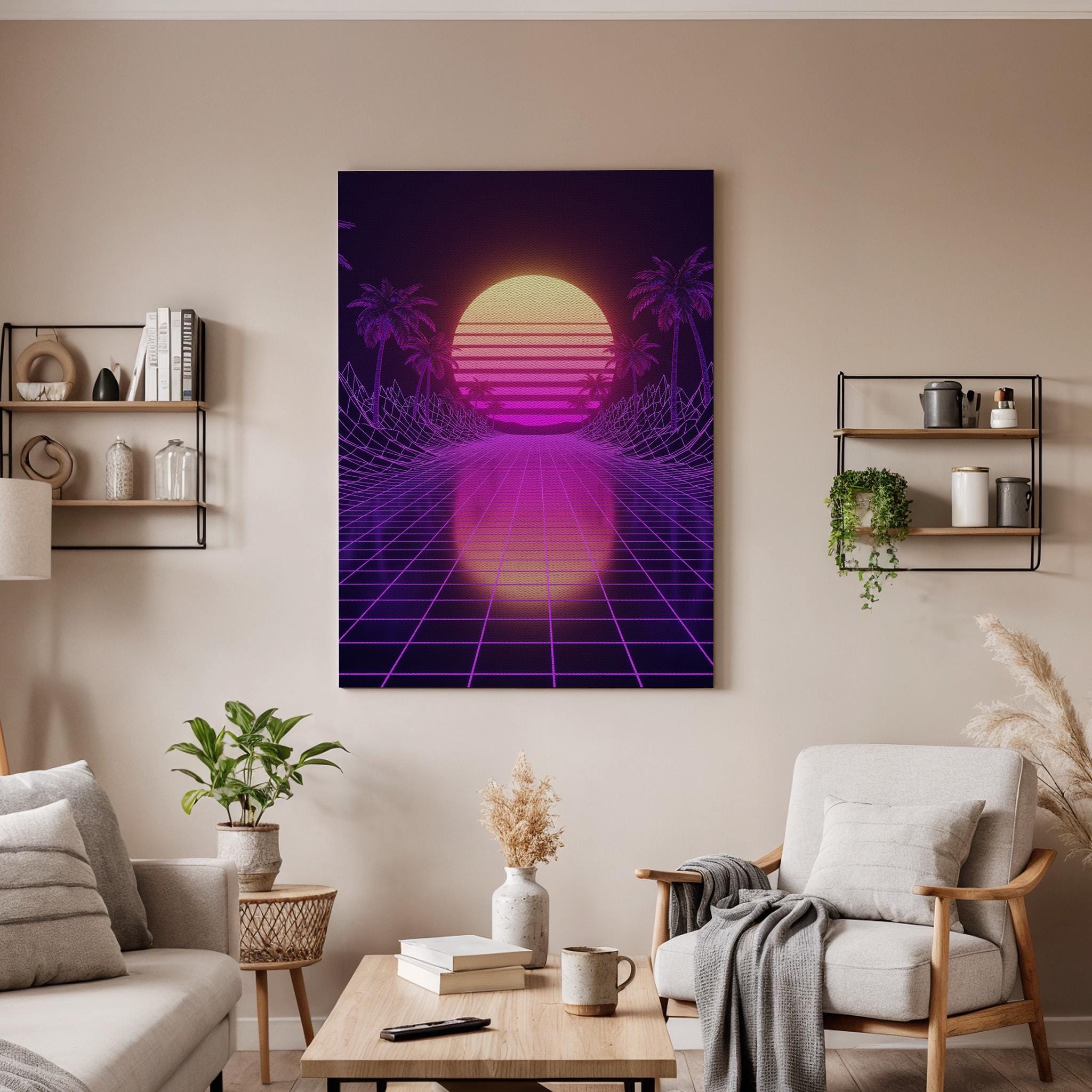 Vaporwave Synthwave Sunset Canvas Wall Art, Framed Neon 80s Aesthetic Print, Retro Grid Palm Tree Poster for Studio, Game Room or Bedroom