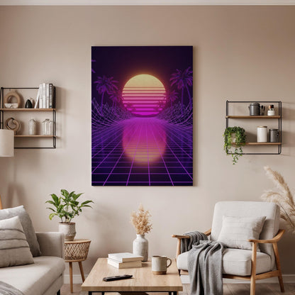 Vaporwave Synthwave Sunset Canvas Wall Art, Framed Neon 80s Aesthetic Print, Retro Grid Palm Tree Poster for Studio, Game Room or Bedroom