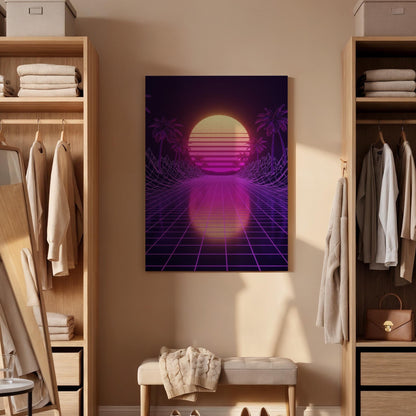 Vaporwave Synthwave Sunset Canvas Wall Art, Framed Neon 80s Aesthetic Print, Retro Grid Palm Tree Poster for Studio, Game Room or Bedroom