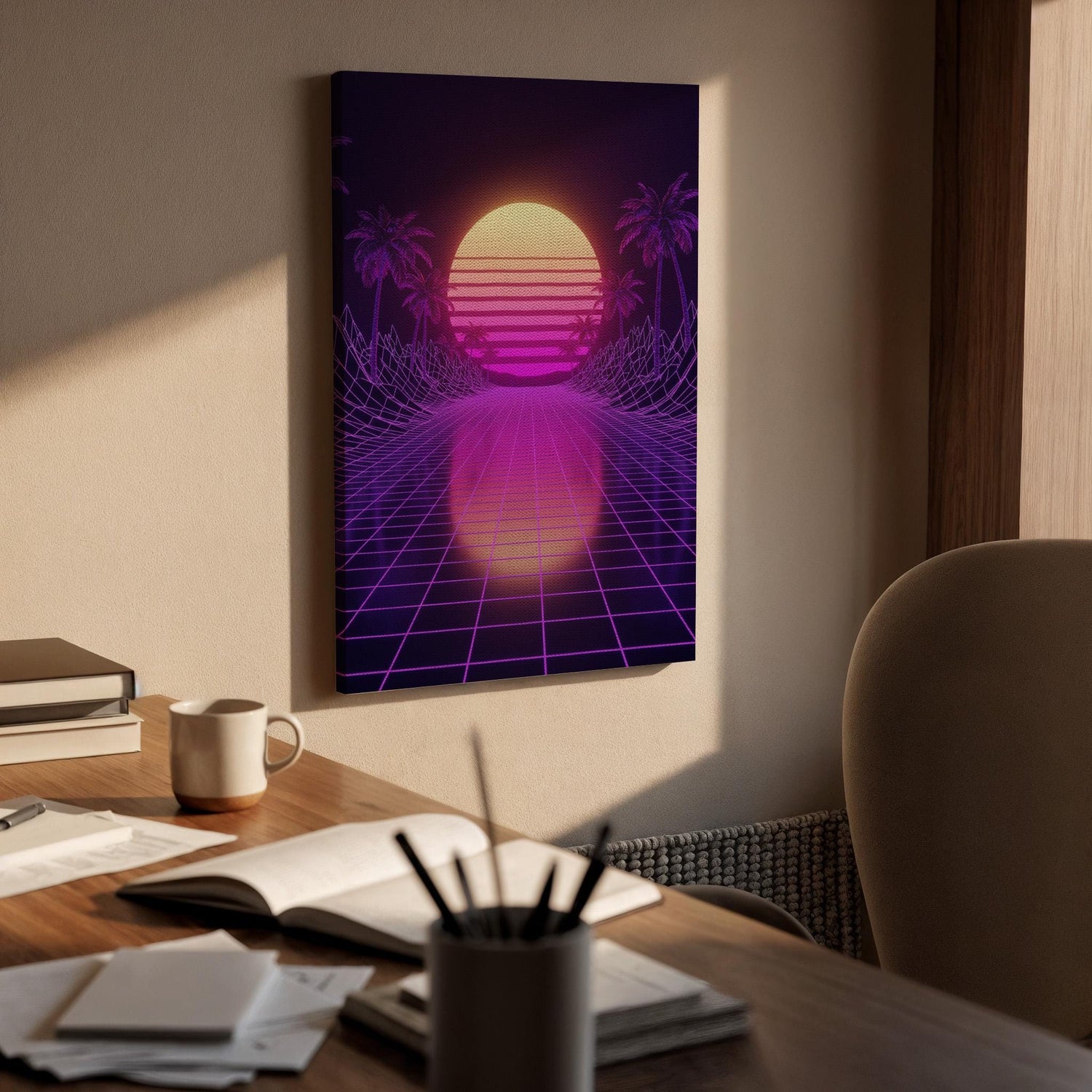 Vaporwave Synthwave Sunset Canvas Wall Art, Framed Neon 80s Aesthetic Print, Retro Grid Palm Tree Poster for Studio, Game Room or Bedroom