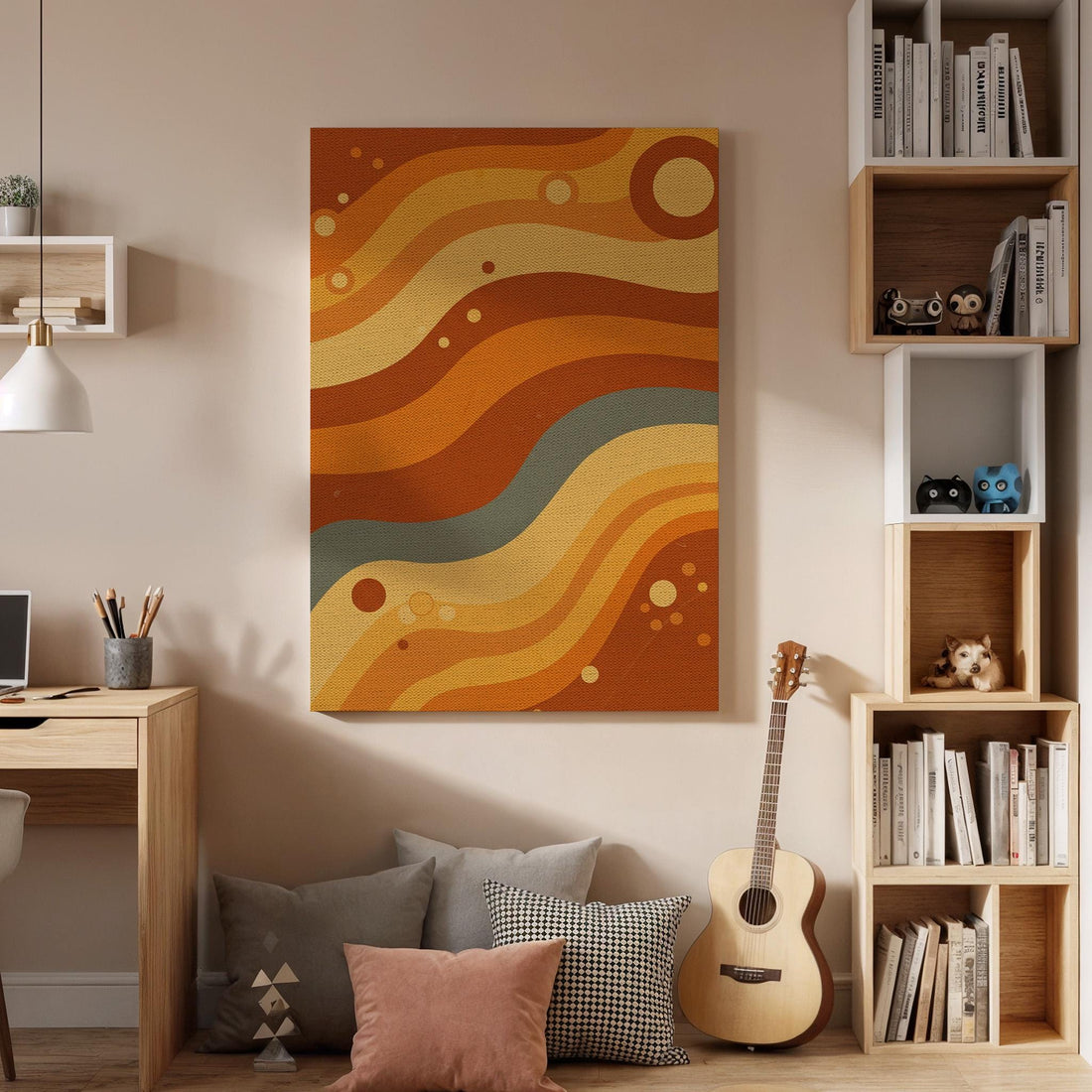 Retro Wave Canvas Wall Art Framed, 70s Style Abstract Print in Earth Tones, Boho Geometric Wall Decor for Living Room, Office or Hallway
