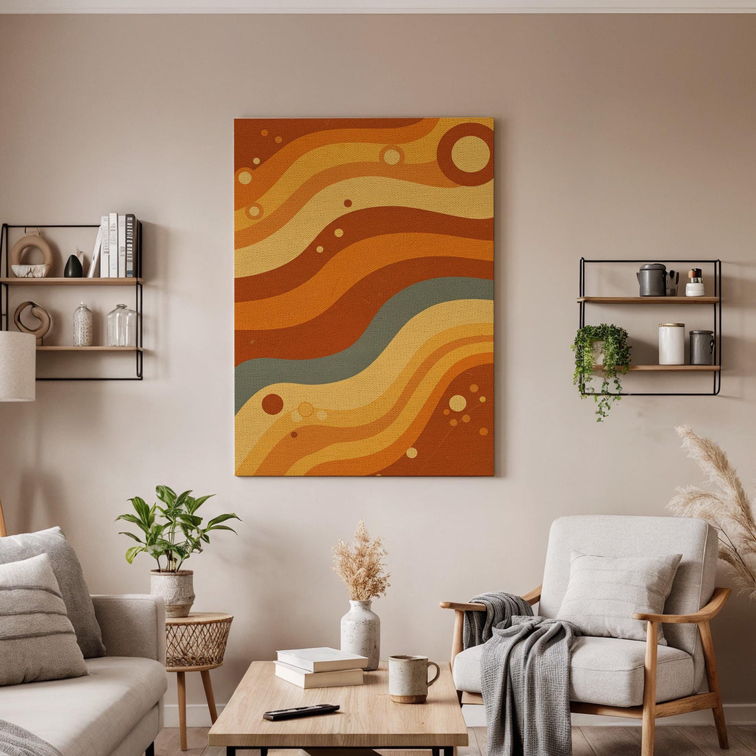 Retro Wave Canvas Wall Art Framed, 70s Style Abstract Print in Earth Tones, Boho Geometric Wall Decor for Living Room, Office or Hallway