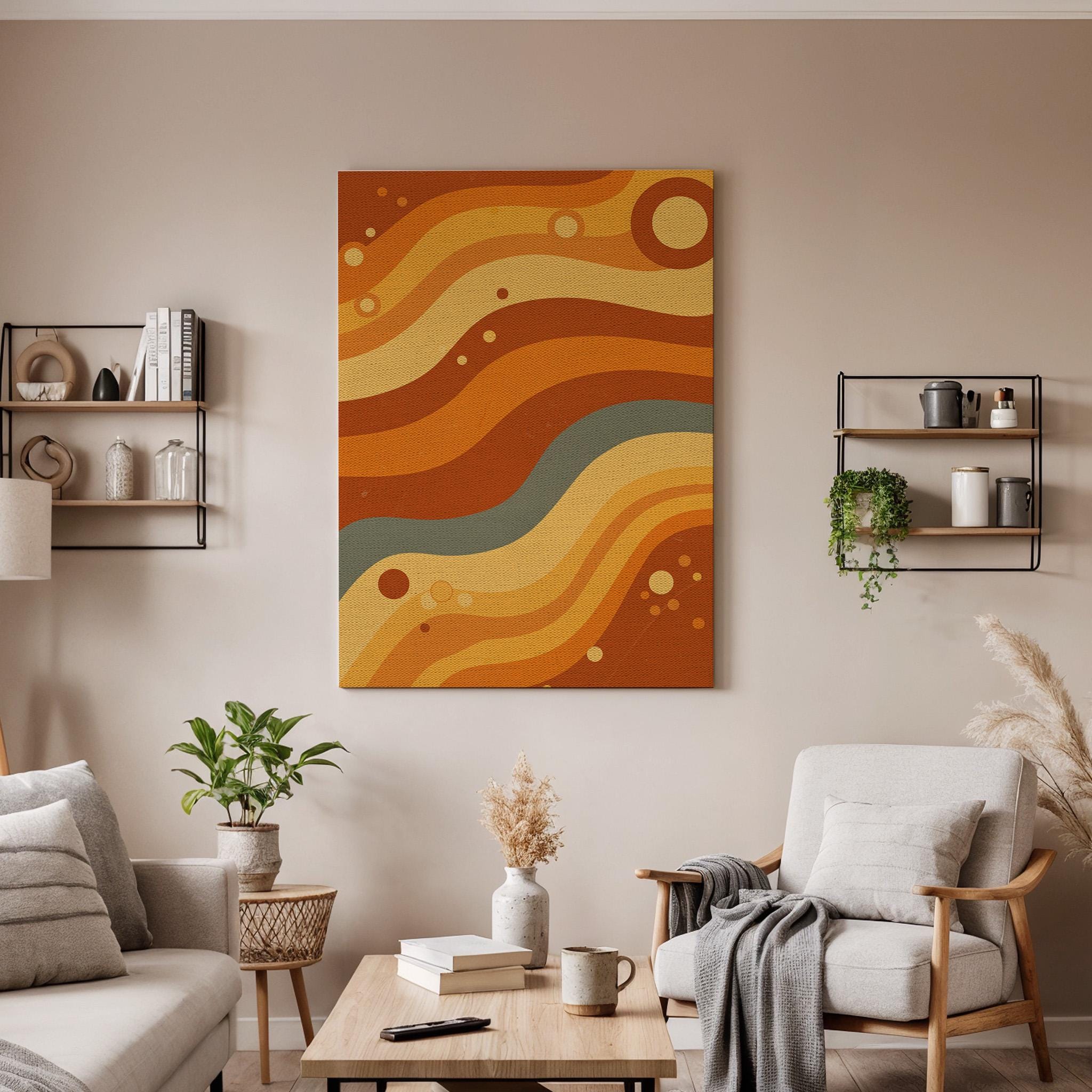 Retro Wave Canvas Wall Art Framed, 70s Style Abstract Print in Earth Tones, Boho Geometric Wall Decor for Living Room, Office or Hallway
