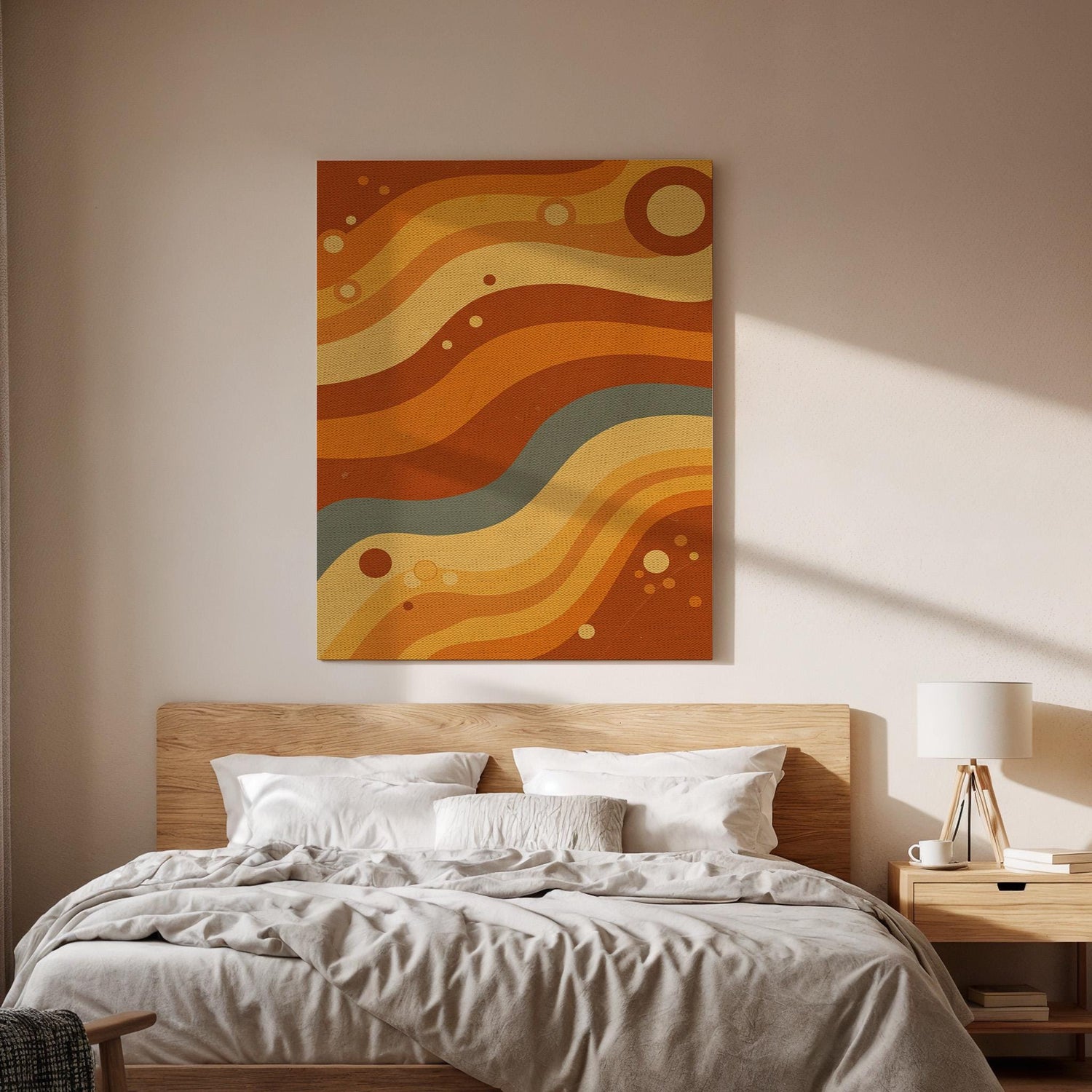 Retro Wave Canvas Wall Art Framed, 70s Style Abstract Print in Earth Tones, Boho Geometric Wall Decor for Living Room, Office or Hallway